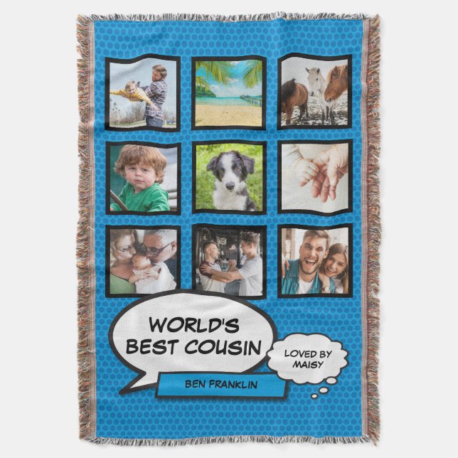 Cousin 9 FotoCollage Comic Buchen Spaß blau Decke (Vorderseite Vertikal)