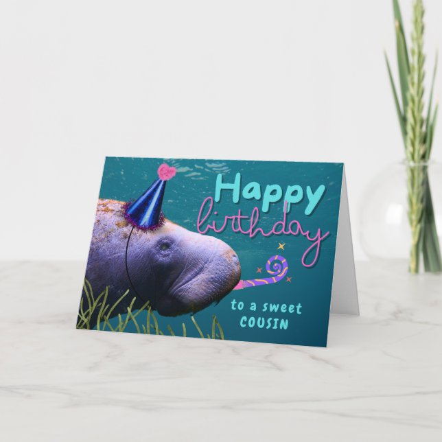 Cousin Birthday Niedlich Manatee im Party Karte (Vorderseite)