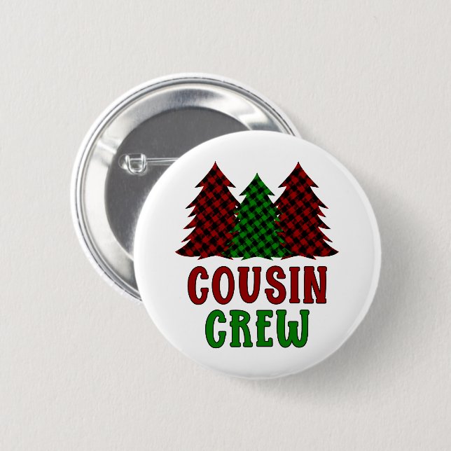 Cousin Crew Buffalo Karierter Weihnachtsbaum Button (Vorne & Hinten)