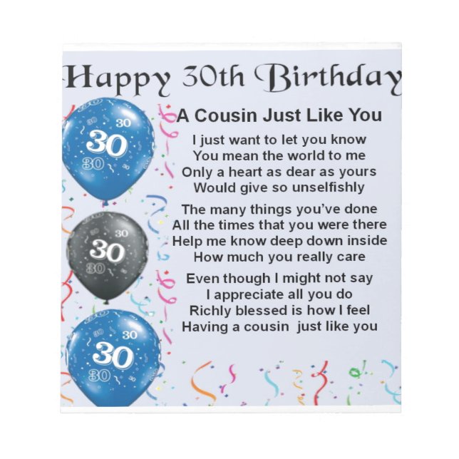 Cousin Gedicht 30. Geburtstag Notizblock (Vorderseite)