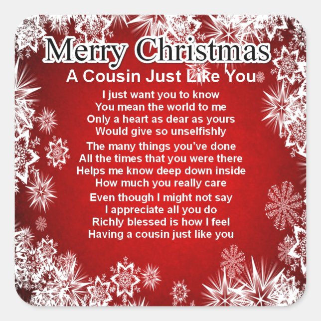 Cousin Gedicht - Weihnachtsdesign Quadratischer Aufkleber (Vorderseite)