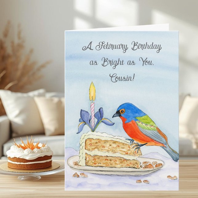 Cousin Happy February Birthday Painted Bunting Karte (Von Creator hochgeladen)