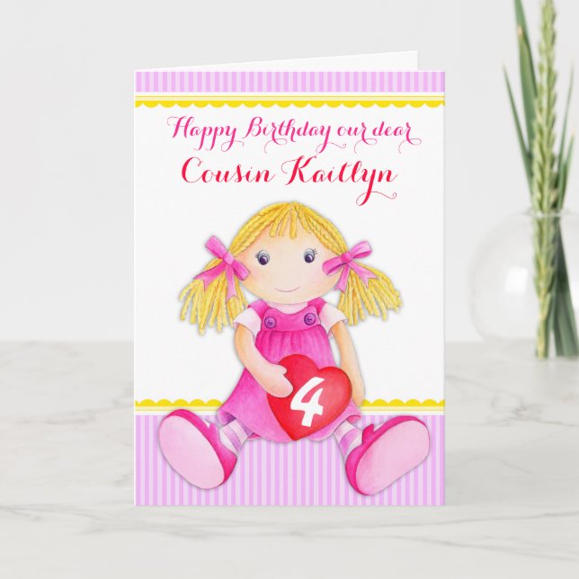 Cousin Lumpen Puppenkarte 4 Geburtstag Karte (Vorderseite)