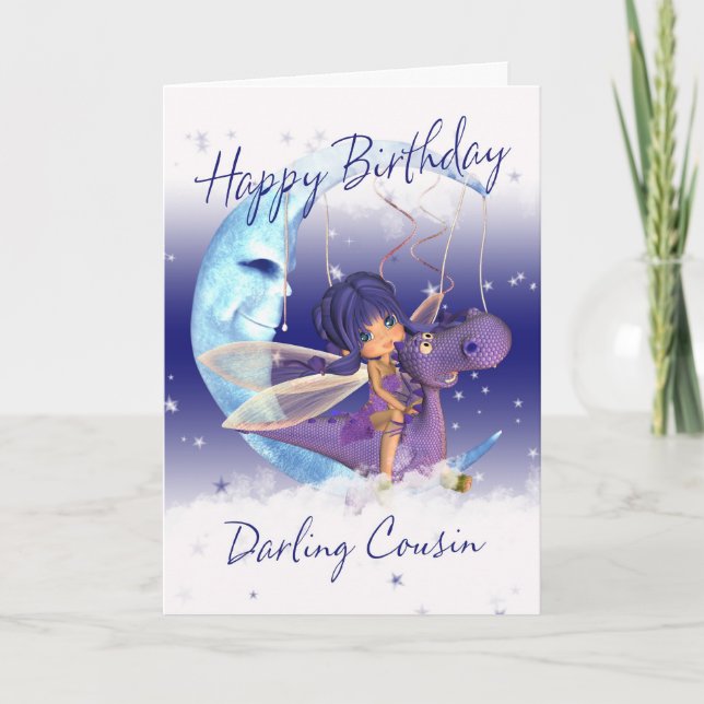 Cousin mignonne carte d'anniversaire, dragon viole (Devant)