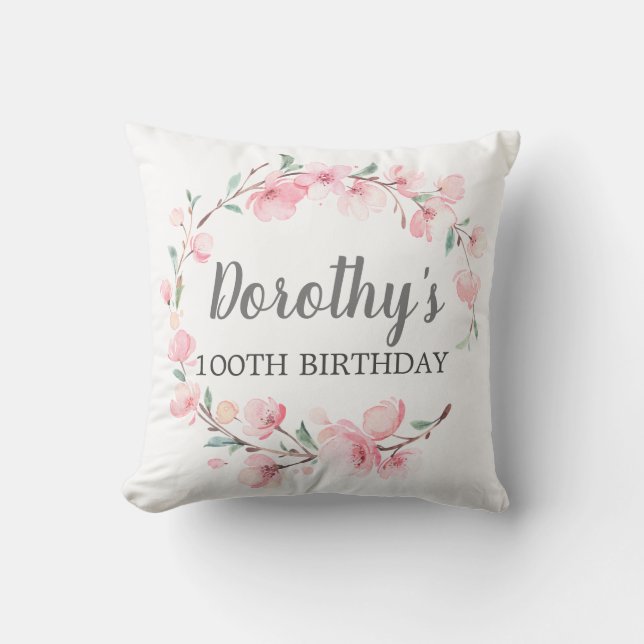 Coussin 100e anniversaire Cadeau rose cerise fleurs floral (Recto)