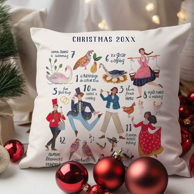 Coussin 12 Jours de Noël Illustration classique (12 Days of Christmas custom year traditional classic illustration holiday throw pillow decor.)