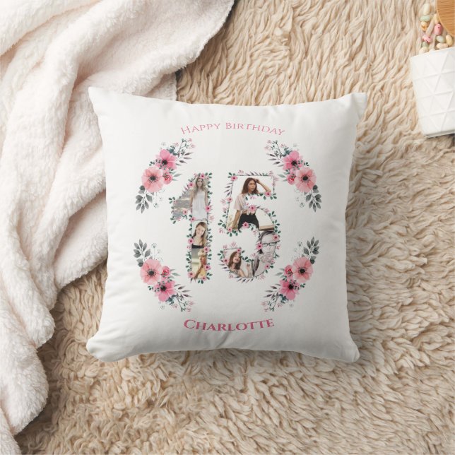 Coussin 15e anniversaire fille rose Fleur photo Collage bl (Couverture)