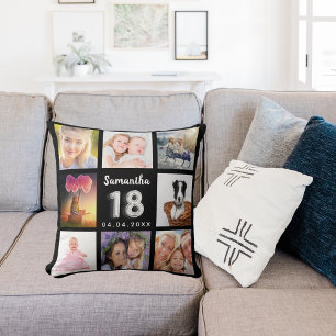 Coussin 18e anniversaire personnalisées photo collage noir