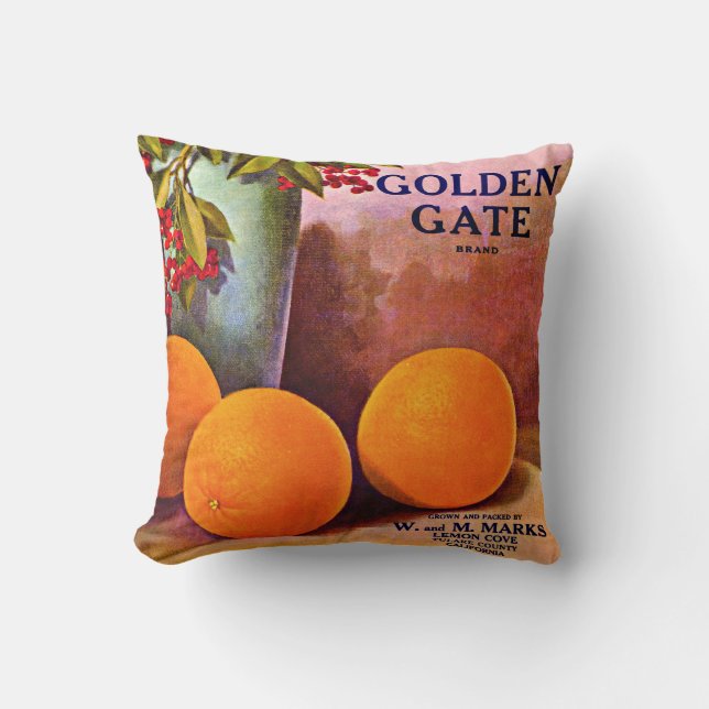Coussin 1950 Golden Gate Gratte orange imprimé étiquette (Recto)