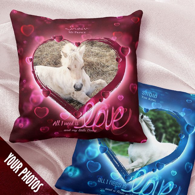 Coussin 1+1 Photo Horse & Pet Love, Red & Blue Hearts - (Créateur téléchargé)