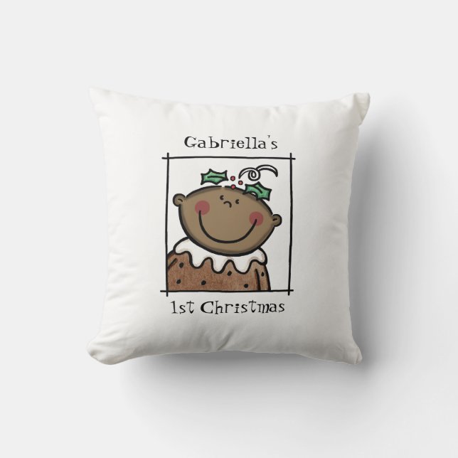 Coussin 1er Noël de bébé sur mesure teint foncé visage (Recto)