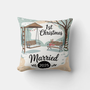 Coussin 1er Noël Mariés 2025 Scène hivernale rustique