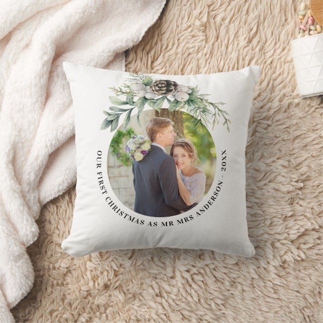 Coussin 1ère photo de noël des jeunes mariés blanc vert (Couverture)