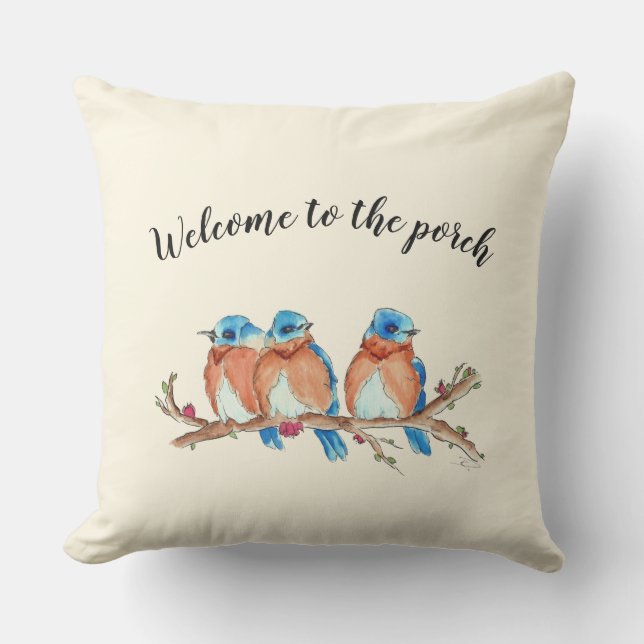 Coussin 20x20 Aquarelles bleues, "Bienvenue dans la vérand (Recto)