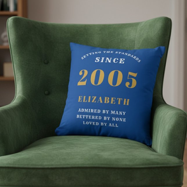 Coussin 21st Birthday 2005 Add Name Blue Gold Personalized (Blue 2005 throw pillow on a green velvet chair.)
