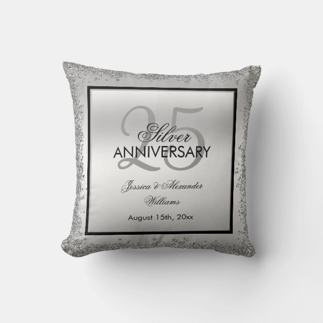 Coussin 25e anniversaire du Mariage Glitzy Silver & Black  (Recto)