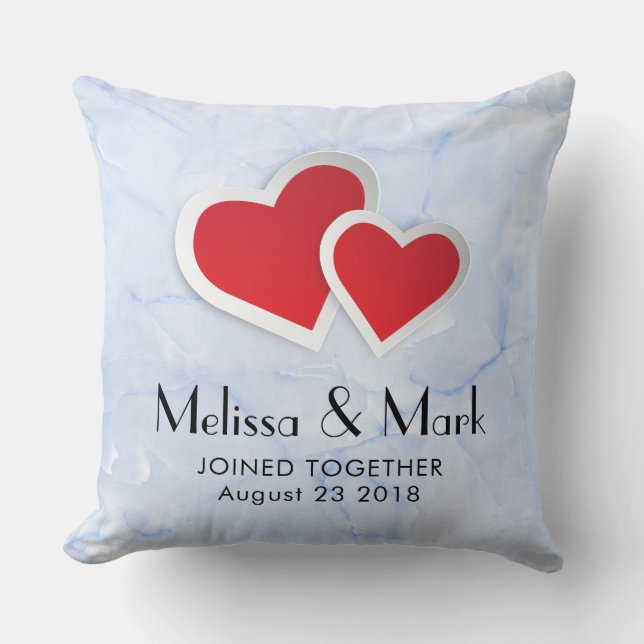 Coussin 2 Coeurs en papier rouge sur Mariage en marbre ble (Recto)