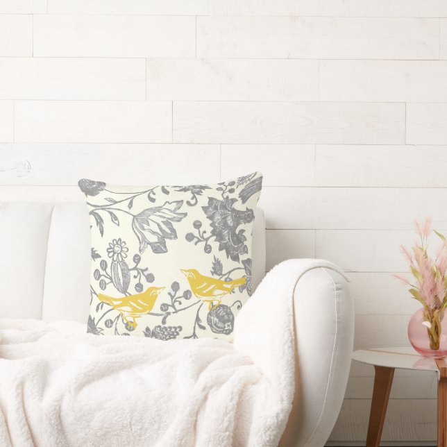 Coussin 2e anniversaire Jaune Gris ivoire Floral Lovebird (Canapé)