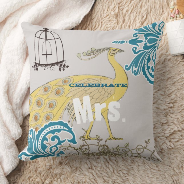 Coussin 2e anniversaire Turquoise corail jaune Damas Birdc (Couverture)