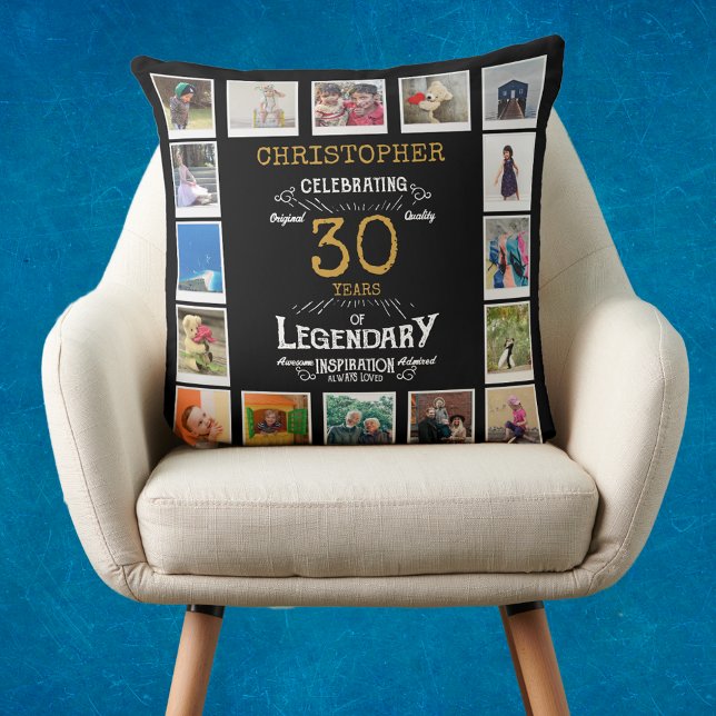 Coussin 30e anniversaire Black Gold Photo Collage (Personalized 30th birthday gift throw pillow with 16 photos of your choice.)