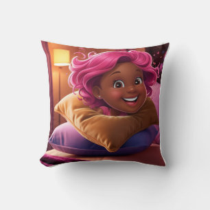 Coussin 3D de la fille de dessin souriant : cheveu