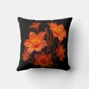 Coussin 3d néon brûlé fleurs orange sur arrière - plan noi