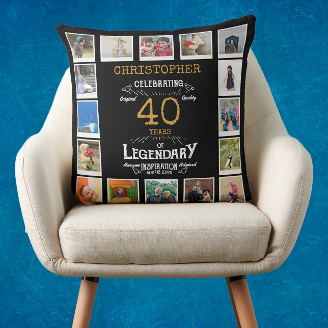 Coussin 40e anniversaire Black Gold Photo Collage (Personalized 40th birthday gift throw pillow with 16 photos of your choice.)
