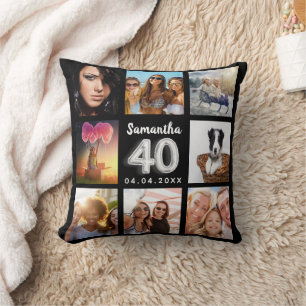 Coussin 40e anniversaire noir argent photo collage