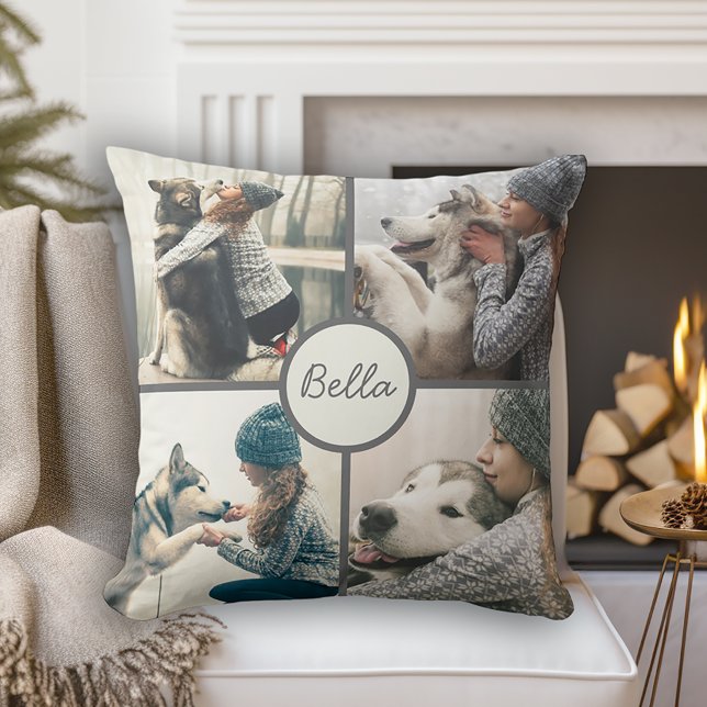 Coussin 4 Photo Animal de Compagnie Chien Personnalisé ave (Personalize with 4 photos of your dog and their name.)