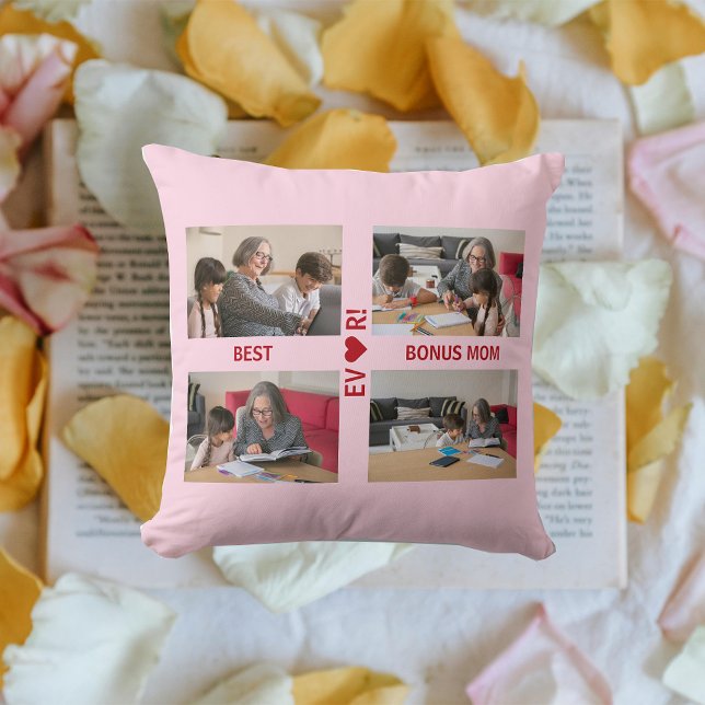 Coussin 4 Photos Meilleur Bonus Maman Jamais Coeur Photo C (Best Bonus Mom EVER! Heart. 4 photos. Modern, elegant Mother's Day gift for Stepmom / Second Mom )
