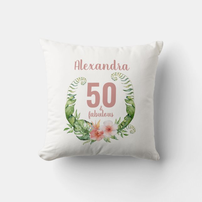Coussin 50 et fabuleux script rose vif design anniversaire (Recto)