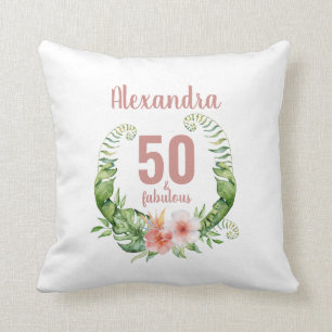 Coussin 50 et fabuleux script rose vif design anniversaire