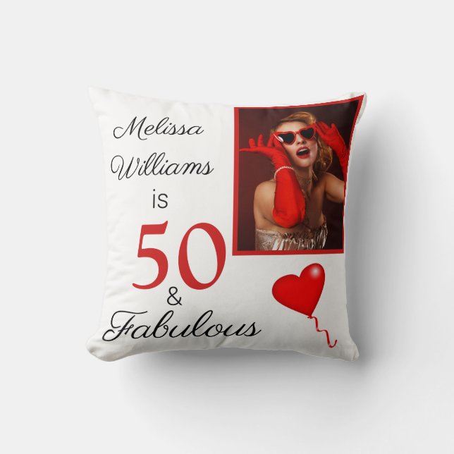 Coussin 50 et Fabulous Nom et photo Rouge 50e anniversaire (Recto)