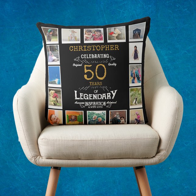 Coussin 50e anniversaire Black Gold Photo Collage (Personalized 50th birthday gift throw pillow with 16 photos of your choice.)