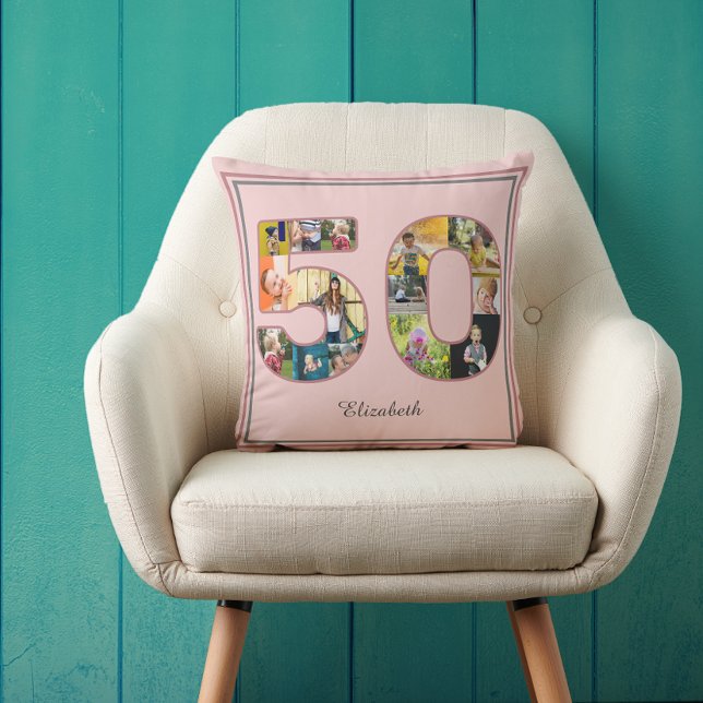 Coussin 50e anniversaire de fête Photo Collage Dusty Blush (50th birthday dusty blush pink throw pillow with custom photo collage template.)