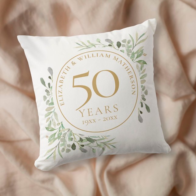 Coussin 50e Anniversaire d'or Chic Aquarelle Verdure (Créateur téléchargé)