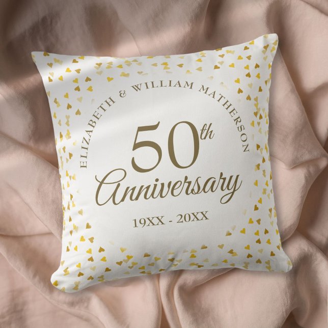 Coussin 50e anniversaire du Mariage Coeurs d'or (50th Wedding Anniversary Golden Hearts Throw Pillow)