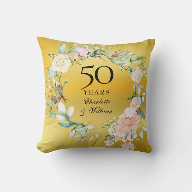 Coussin 50e anniversaire Mariage Gold Foil Roses Garland (Recto)