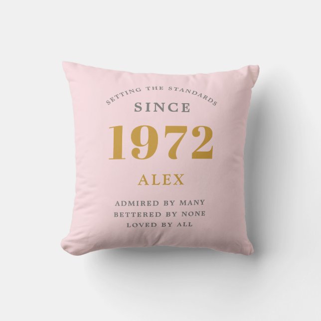 Coussin 50e anniversaire Nom 1972 Rose Grey Elegant Chic (Recto)