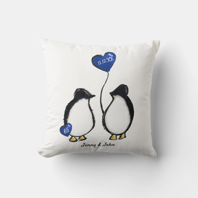 Coussin 65e mariage de cadeau de pingouin (Recto)