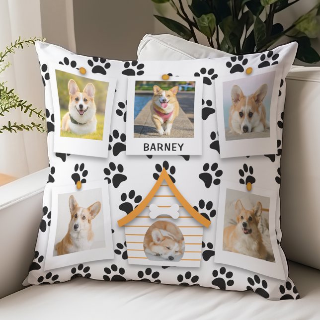 Coussin 6 Photo Collage Ajouter Nom Chien House Empreintes (6 Photo Collage, Add Your Dog Name, Doghouse and Paw Prints Pillow)