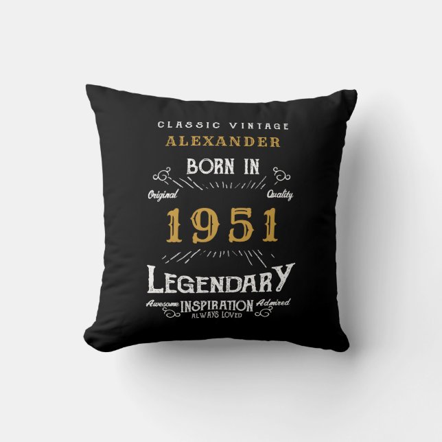 Coussin 70e anniversaire Né 1951 Noir rétro Personnalisé (Recto)