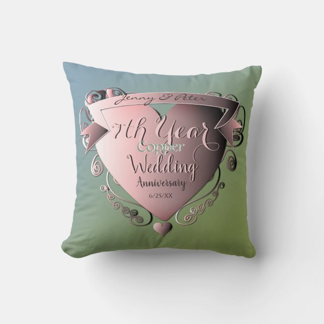 Coussin 7e année Mariage Anniversaire du cuivre vert (Recto)