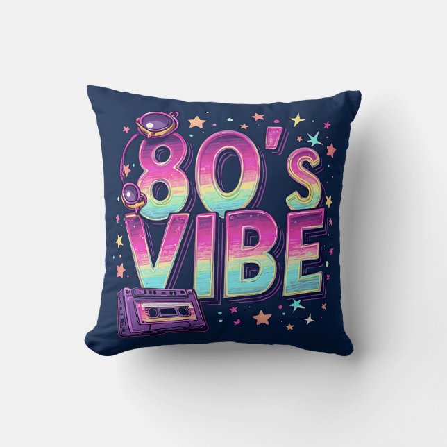 Coussin 80’s Vibe Throw Pillow – Neon Cassette and Galaxy  (Recto)
