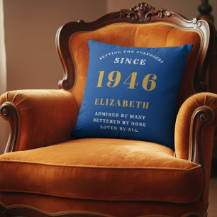 Coussin 80e anniversaire 1946 Nom personnalisé Bleu Or