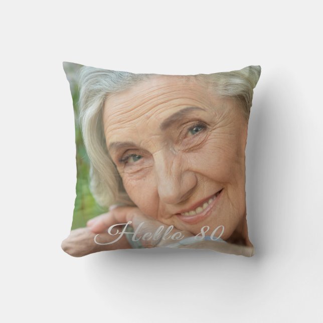 Coussin 80e anniversaire 2 photos bonjour 80 quatre-vingts (Recto)