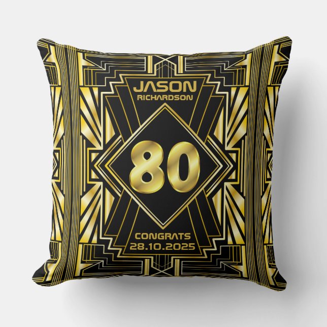 Coussin 80e anniversaire Art Déco Gold Black Great Gatsby (Recto)