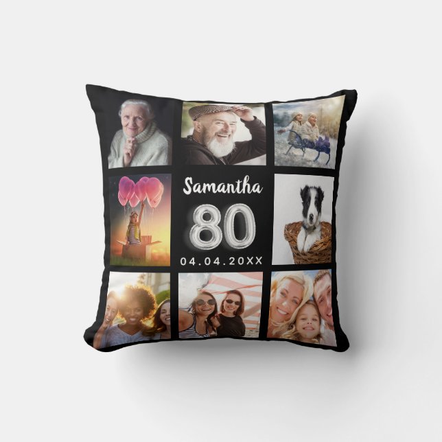 Coussin 80e anniversaire noir argent collage photo personn (Recto)