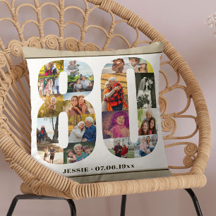Coussin 80e anniversaire Numéro 80 Collage photo beige