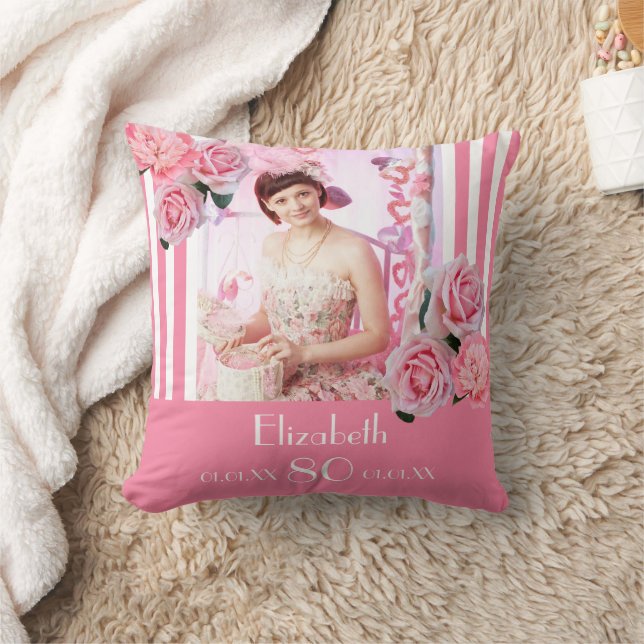 Coussin 80e anniversaire rose blanc rayures photo florale (Couverture)